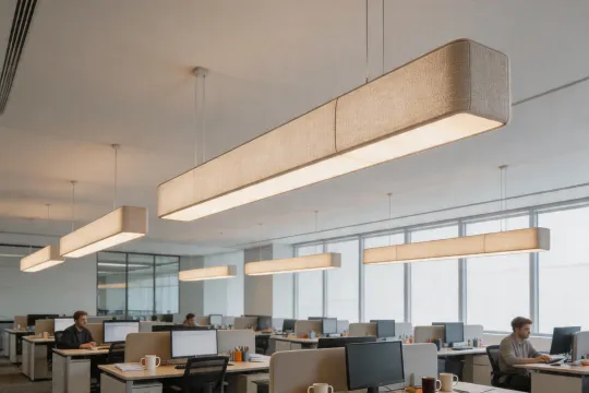 Acoustic lighting pendant over open office